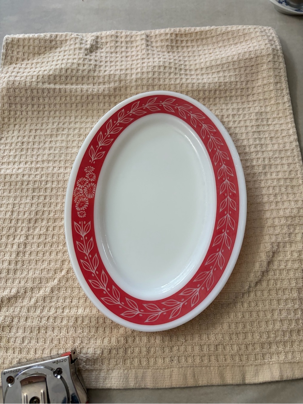 Vintage Pyrex Oval Serving Platter with Red Leaf and Floral Border